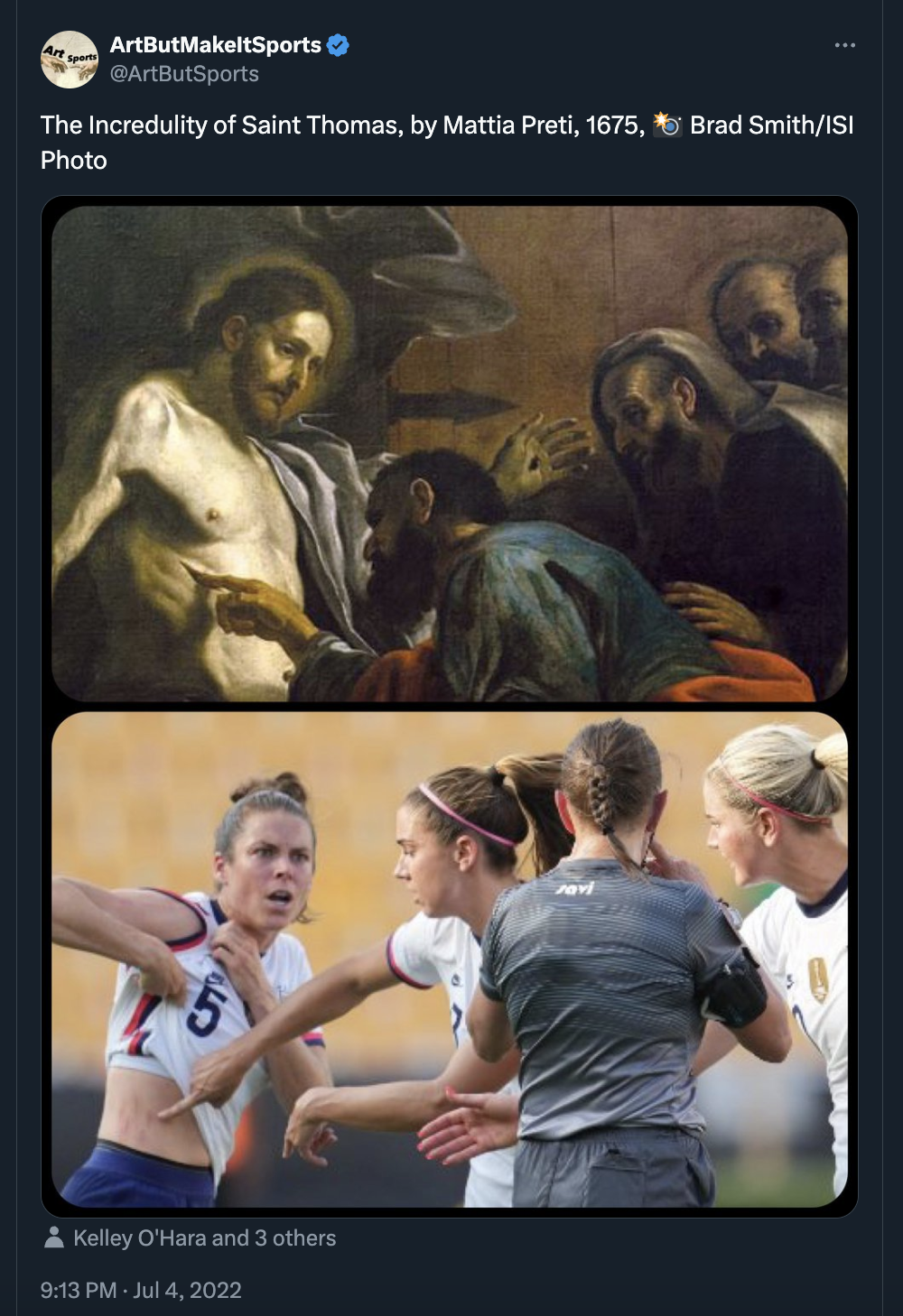 art in sports - ArtButMakeltSports The Incredulity of Saint Thomas, by Mattia Preti, 1675, Brad SmithIsi Photo Kelley O'Hara and 3 others